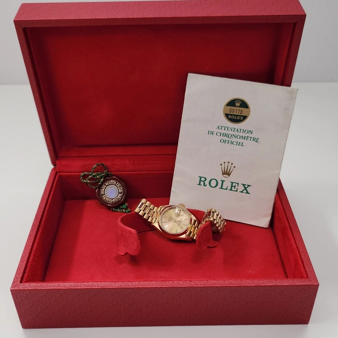 FULL SET 1985 ROLEX LADIES DATEJUST 26 MM 18K YELLOW GOLD PRESIDENT WATCH 69178 (1 of 2)