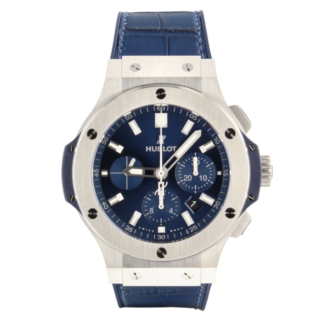 COMPLETE HUBLOT BIG BANG CHRONOGRAPH 44 MM STEEL BLUE WATCH 301.SX.7170.LR: COMPLETE HUBLOT BIG BANG CHRONOGRAPH 44 MM STEEL BLUE WATCH 301.SX.7170.LR Condition: New with box and papers: This item is brand new and has never been worn. It still has the original ... Read more a