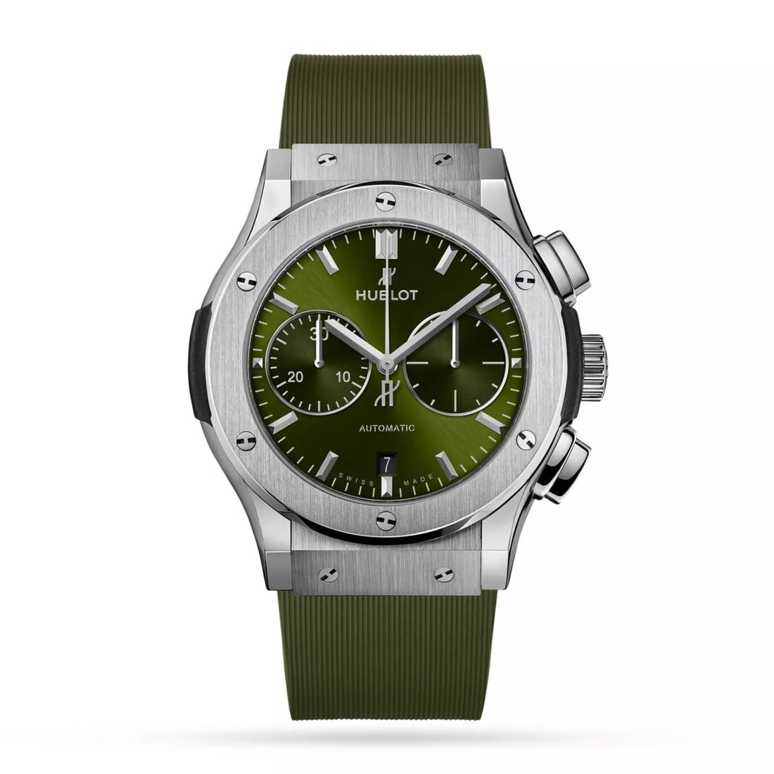 HUBLOT CLASSIC FUSION CHRONOGRAPH 45 MM GREEN TITANIUM WATCH 521.NX.8970.RX: HUBLOT CLASSIC FUSION CHRONOGRAPH 45 MM GREEN TITANIUM WATCH 521.NX.8970.RX Condition: New with box and papers: This item is brand new and has never been worn. It still has the original ... Read more