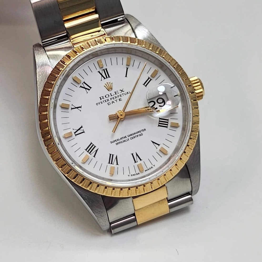 ROLEX DATE 34 MM STEEL 18K YELLOW GOLD OYSTER WHITE WATCH 15223 X SERIES 1991 (1 of 2)