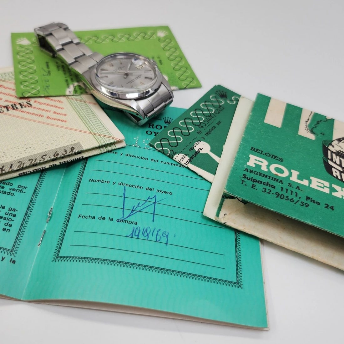 W/PAPERS 1969 ROLEX DATE 34 MM SILVER DIAL STEEL OYSTER AUTOMATIC WATCH 1500 (1 of 2)