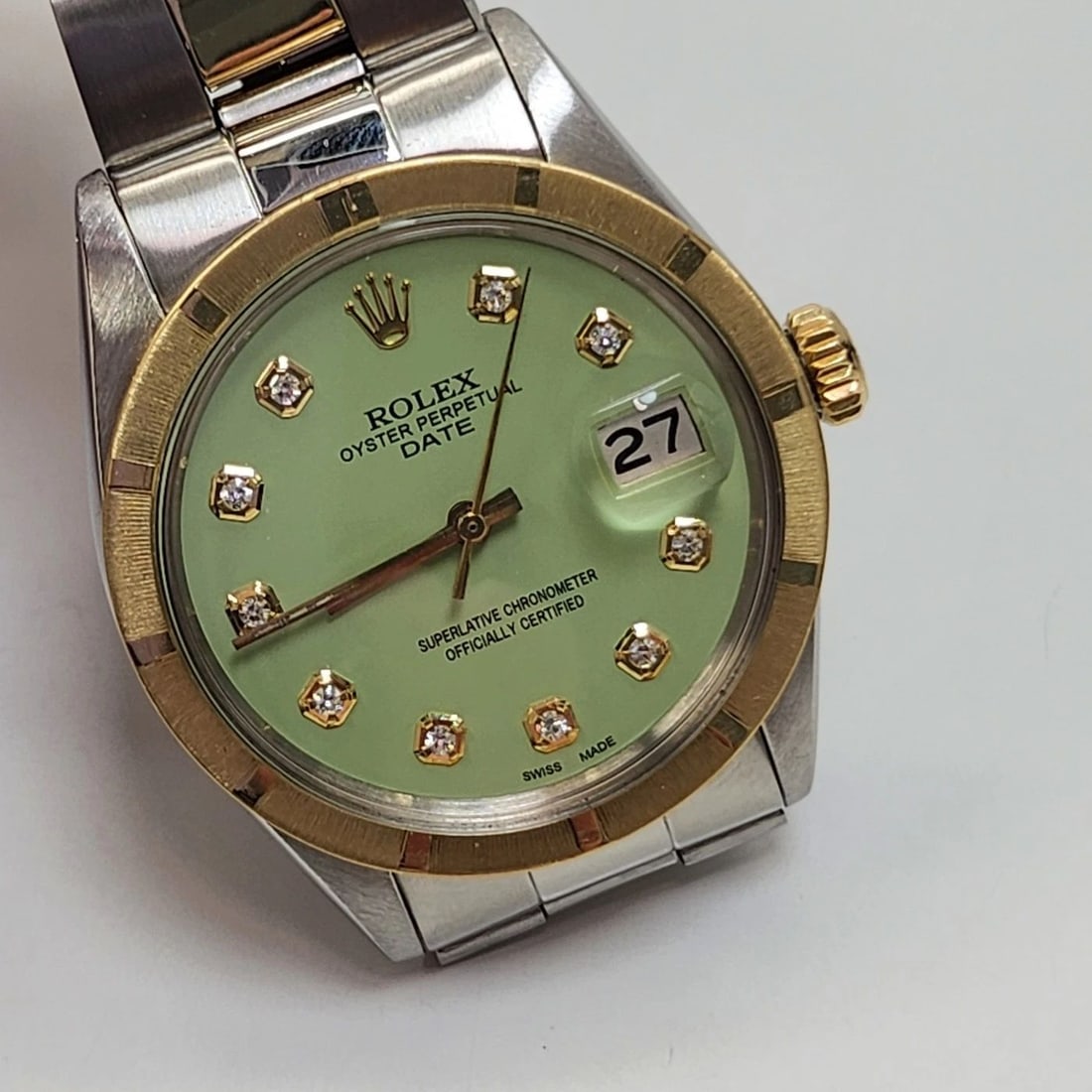 ROLEX DATE 34MM TWO TONE PISTACHIO DIAMOND DIAL OYSTER AUTOMATIC WATCH 1500 1970 (1 of 2)