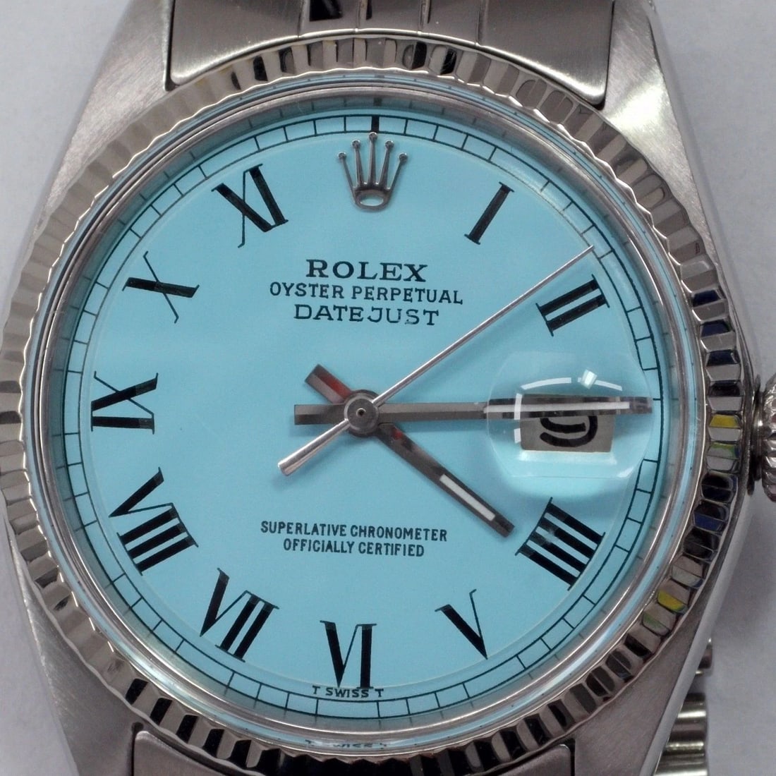 ROLEX DATEJUST 36 MM STEEL BLUE TURQUOISE ROMAN JUBILEE WATCH 1601 CIRCA 1978 (1 of 2)