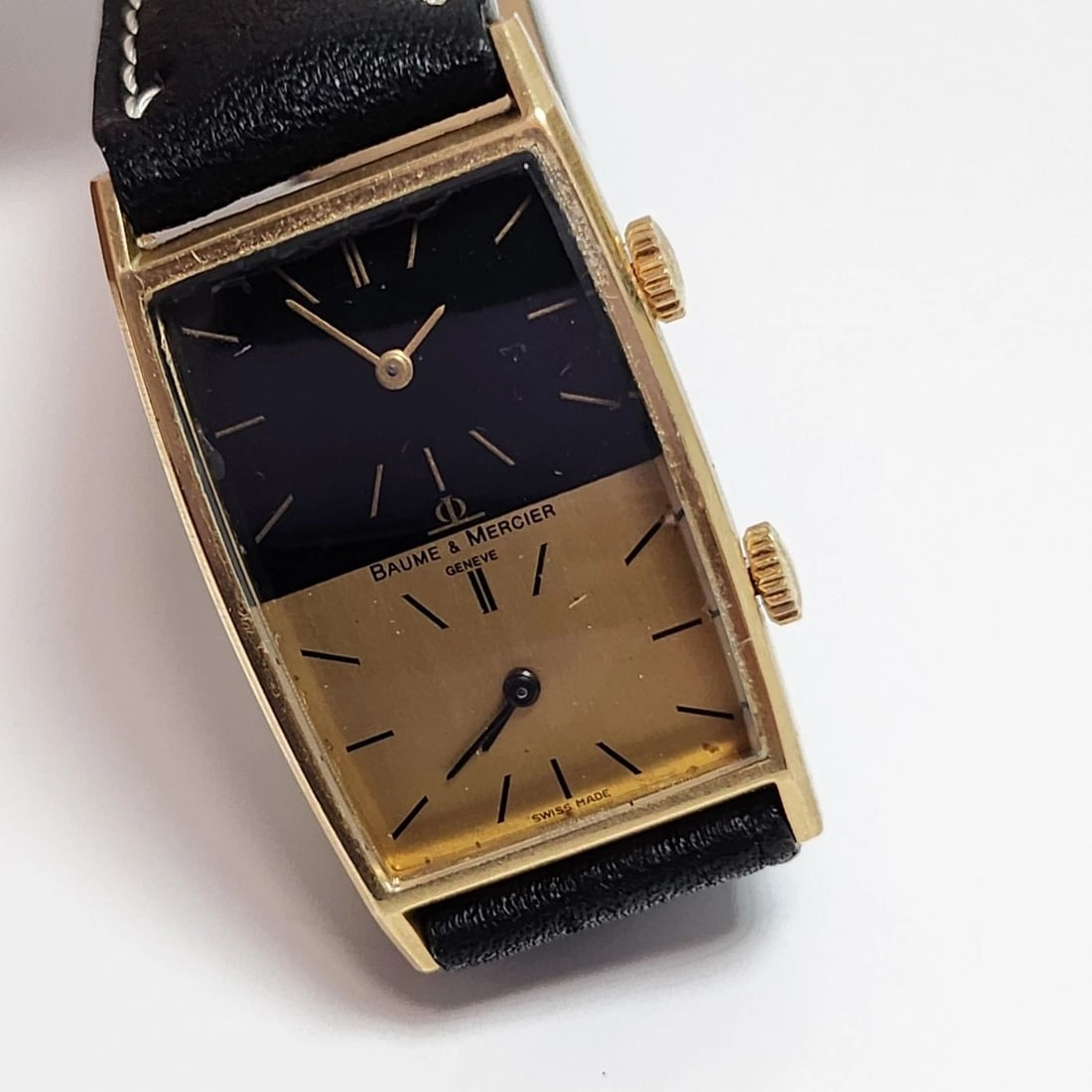 BAUME & MERCIER DUAL TIME 25 X 40 MM 18K YELLOW GOLD MANUAL BLACK WATCH 32002 (1 of 2)