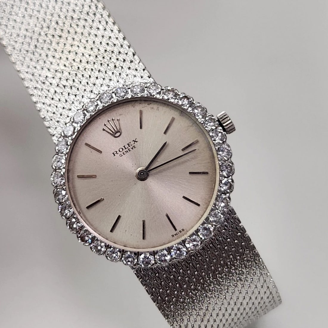 ROLEX GENEVE LADIES 25 MM 18K WHITE GOLD DIAMONDS MANUAL WATCH 3532 CIRCA 1967 (1 of 2)
