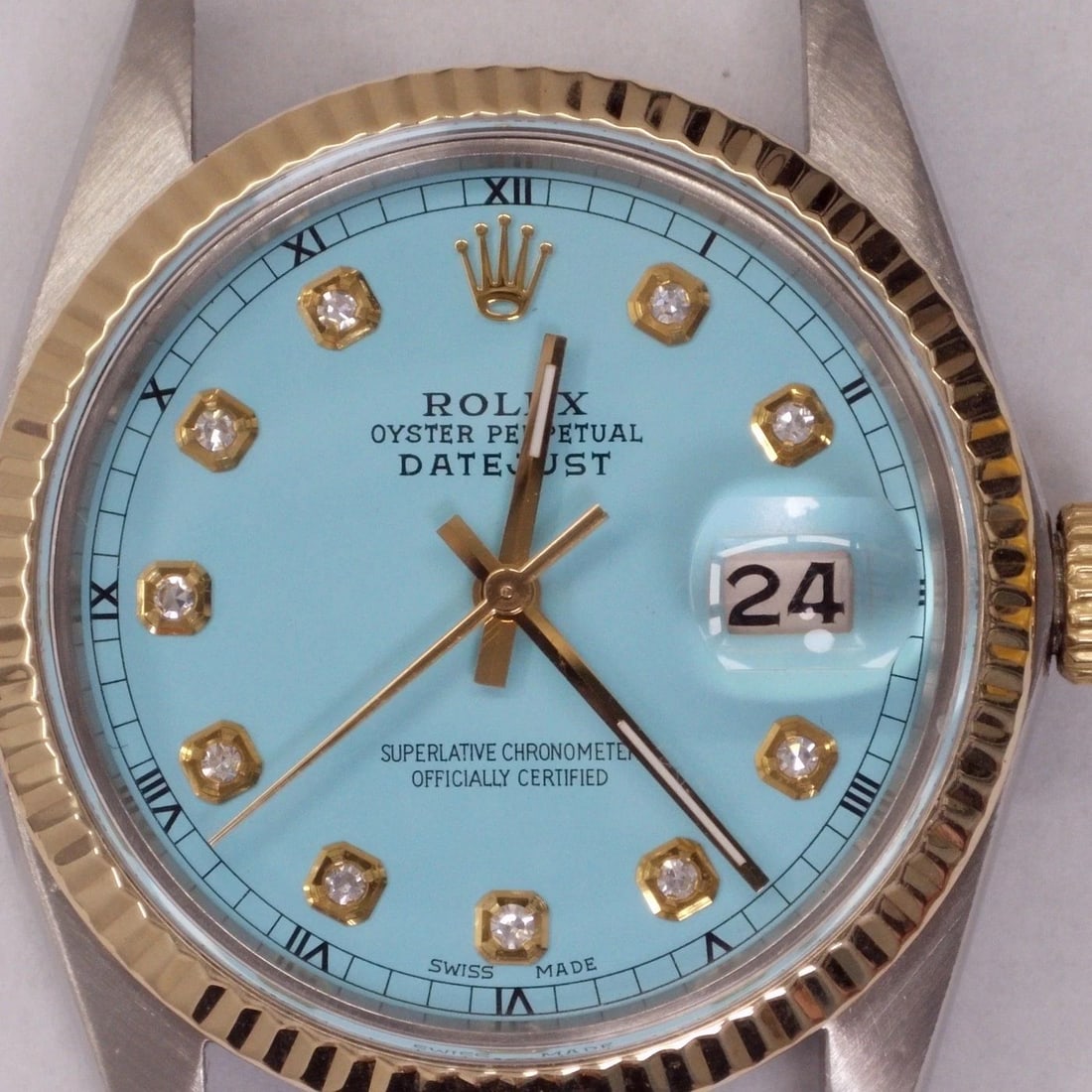 ROLEX DATEJUST 36 MM TWO TONE BLUE TURQUOISE DIAMOND DIAL WATCH 16013 CIRCA 1979 (1 of 2)