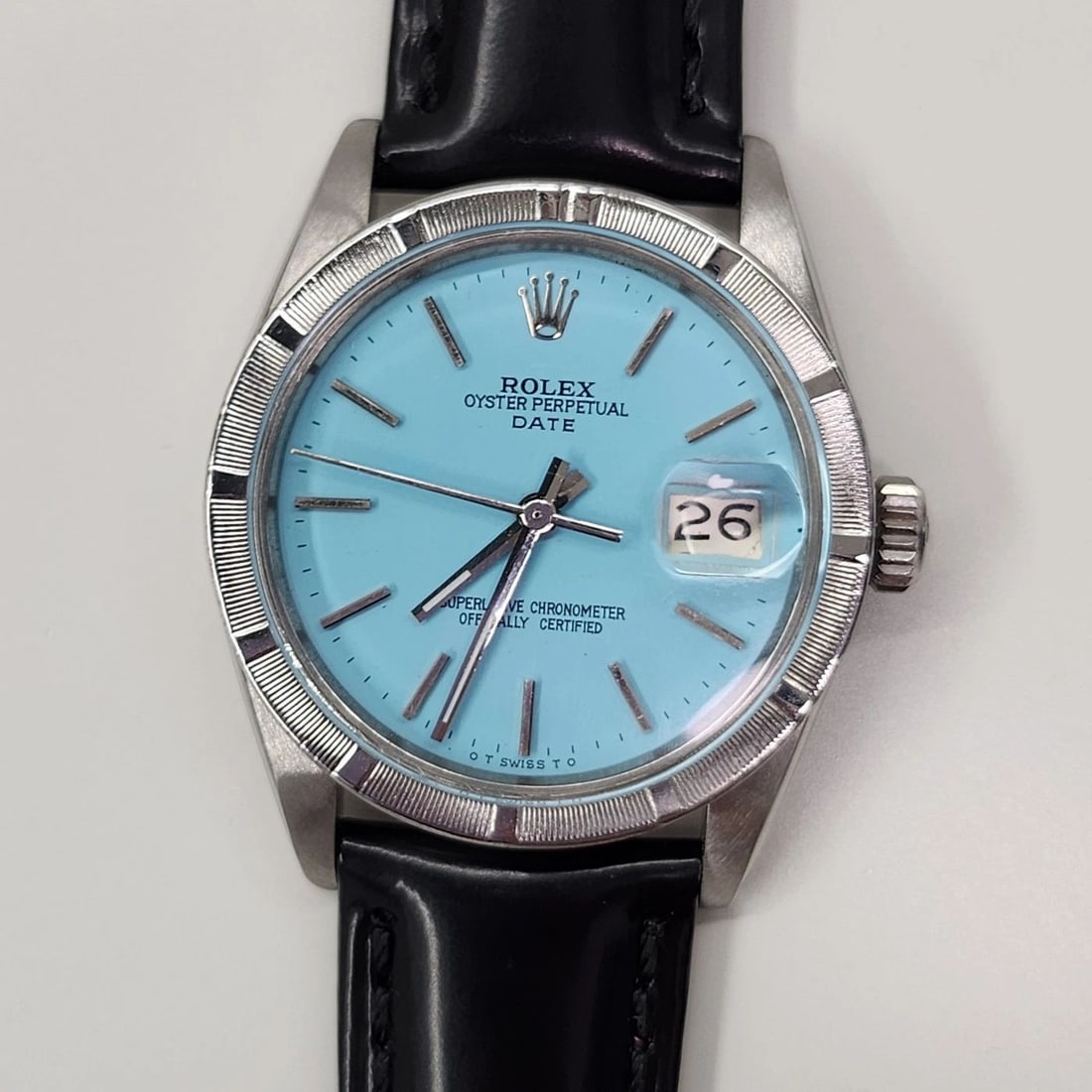 ROLEX DATE 34 MM BLUE TURQUOISE STEEL LEATHER AUTOMATIC WATCH 1500 CIRCA 1965 (1 of 2)