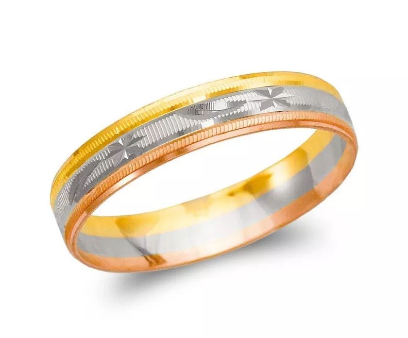 NEW 14K TRI COLOR GOLD SHOOTING STAR STAMPING WEDDING BAND: NEW 14K TRI COLOR GOLD SHOOTING STAR STAMPING WEDDING BAND 14K Tricolor Gold Approx. 4mm Wide High Polished/Diamond Cut Apx Weight: 1.5g - 1.7g