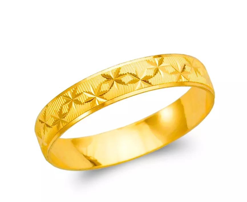 NEW 14K YELLOW GOLD 4MM STAR STAMPING WEDDING BAND: NEW 14K YELLOW GOLD 4MM STAR STAMPING WEDDING BAND 14K Yellow Gold Approx. 4mm Wide High Polished/Diamond Cut Apx Weight: 1.4g - 1.5g