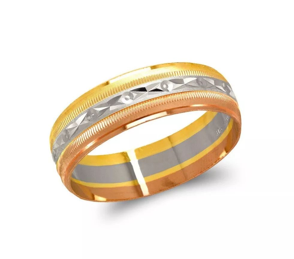 NEW 14K TRI COLOR GOLD 6MM SHOOTING STAR STAMPING WEDDING BAND: NEW 14K TRI COLOR GOLD 6MM SHOOTING STAR STAMPING WEDDING BAND 14K Tricolor Gold Approx. 6mm Wide High Polished/Diamond Cut Available in White Gold Apx Weight: 3.0g - 3.4g