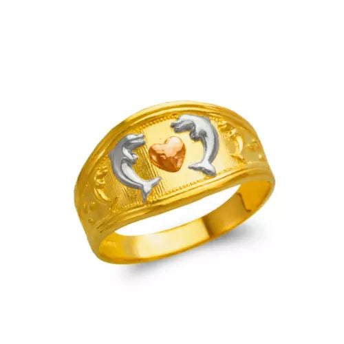 NEW 14K TRI COLOR GOLD LADIES HEART AND DOLPHINS FILIGREE RING: NEW 14K TRI COLOR GOLD LADIES HEART AND DOLPHINS FILIGREE RING 14K Tricolor Gold Size 7 Approx. 12mm High Polished/Diamond Cut Weight: 3.7 Grams