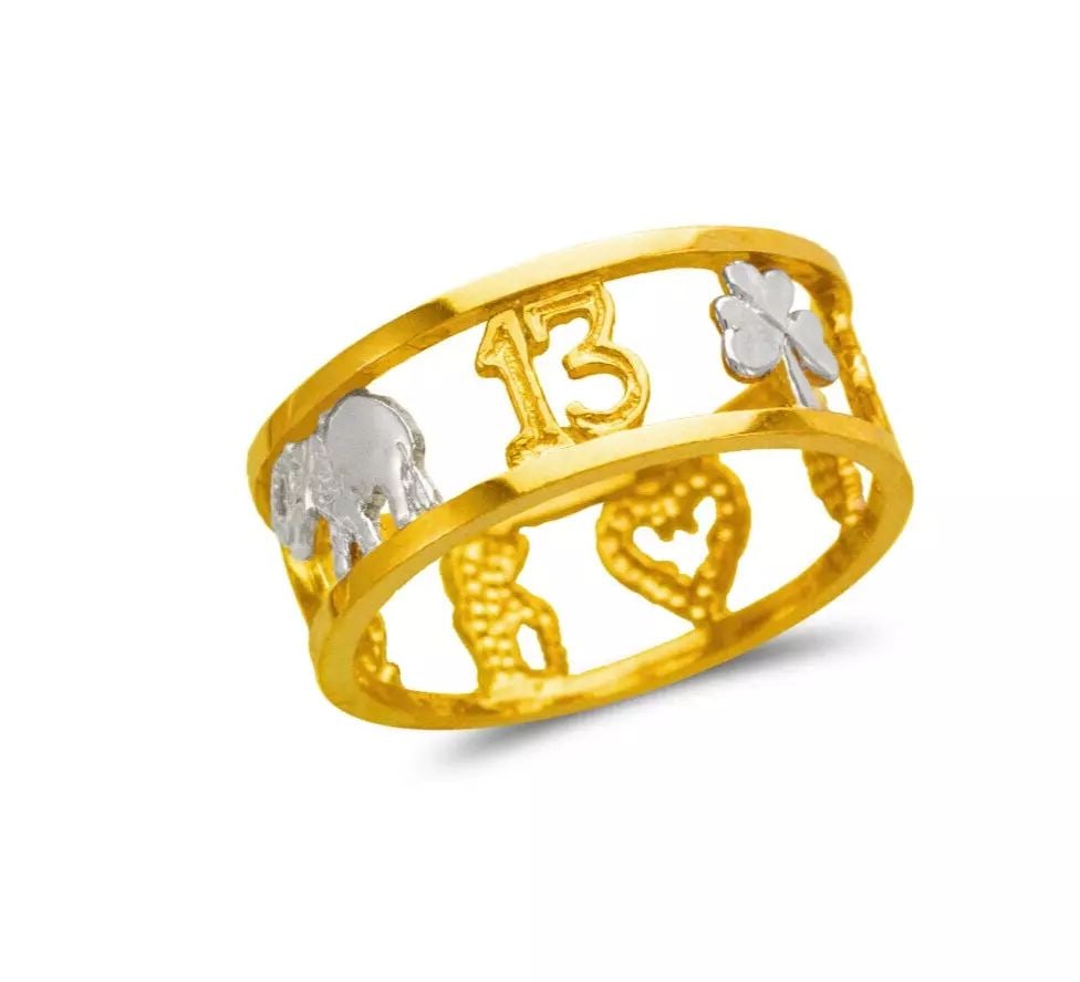 NEW 14K TRI COLOR GOLD LADIES GOODLUCK FILIGREE RING: NEW 14K TRI COLOR GOLD LADIES GOODLUCK FILIGREE RING 14K Tricolor Gold Size 7 Approx.8mm High Polished Weight: 2.9 Grams