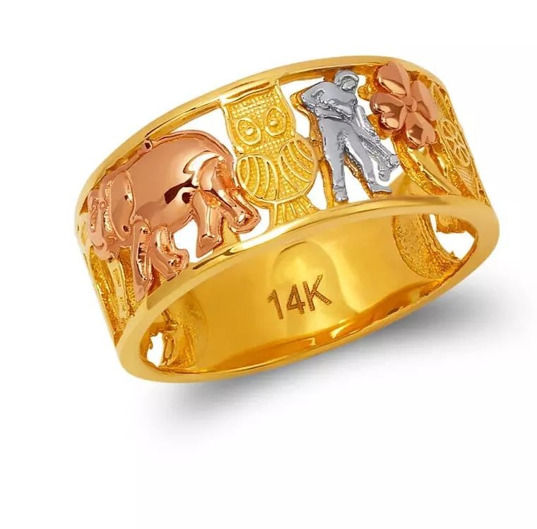 NEW 14K TRI COLOR GOLD LADIES GOODLUCK FILIGREE RING: NEW 14K TRI COLOR GOLD LADIES GOODLUCK FILIGREE RING 14K Tricolor Gold Size 7 Approx. 9mm High Polished Weight: 4.0 Grams