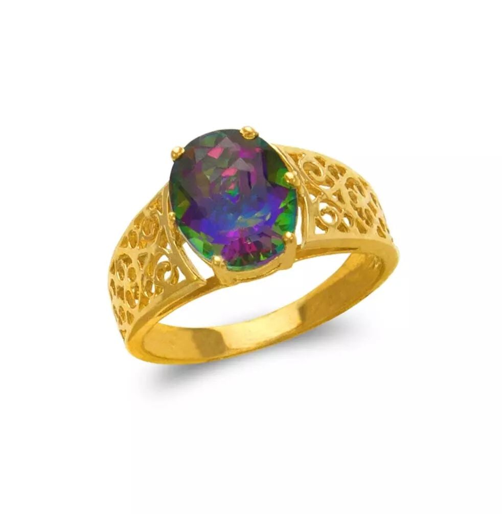 NEW 14K YELLOW GOLD LADIES MYSTIC CZ RING: NEW 14K YELLOW GOLD LADIES MYSTIC CZ RING 14K Yellow Gold Size 7 Approx. 11mm Stone, 11mm Center High Polished/Diamond Cut/Cubic Zirconia Weight: 4.5 Grams