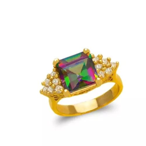 NEW 14K YELLOW GOLD LADIES MYSTIC CZ RING: NEW 14K YELLOW GOLD LADIES MYSTIC CZ RING 14K Yellow Gold Size 7 Approx. 9mm Stone, 10mm Center High Polished/Diamond Cut/Cubic Zirconia Weight: 5.6 Grams