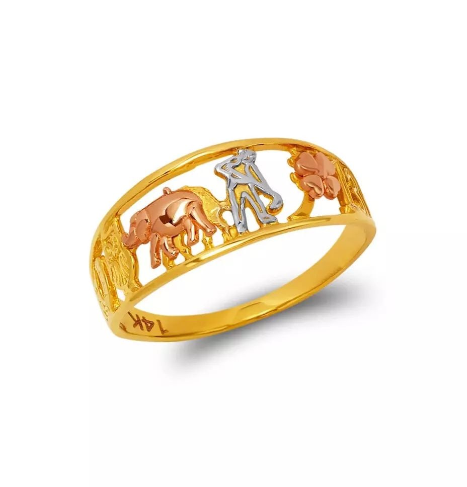 NEW 14K TRI COLOR GOLD LADIES GOODLUCK FILIGREE RING: NEW 14K TRI COLOR GOLD LADIES GOODLUCK FILIGREE RING 14K Tricolor Gold Size 7 Approx. 8mm High Polished Weight: 2 Grams