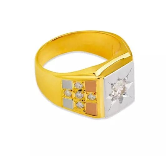 NEW 14K TRI COLOR GOLD MEN'S FANCY CZ RING: NEW 14K TRI COLOR GOLD MEN'S FANCY CZ RING 14K Tri Color Gold Size 10 Approx. 13mm High Polished/Cubic Zirconia Weight: 7.7 Grams