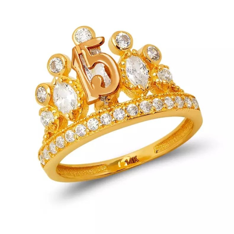 NEW 14K TWO TONE GOLD LADIES 15 ANOS TIARA CZ RING: NEW 14K TWO TONE GOLD LADIES 15 ANOS TIARA CZ RING 14K Two Tone Gold Approx. 13mm Center, 2.0mm Band High Polished/Cubic Zirconia Weight: 3.7 Grams