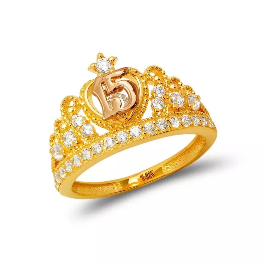 NEW 14K TWO TONE GOLD LADIES 15 ANOS TIARA CZ RING: NEW 14K TWO TONE GOLD LADIES 15 ANOS TIARA CZ RING 14K Two Tone Gold Approx. 12mm Center, 2.0mm Band High Polished/Cubic Zirconia Weight: 3.2 Grams
