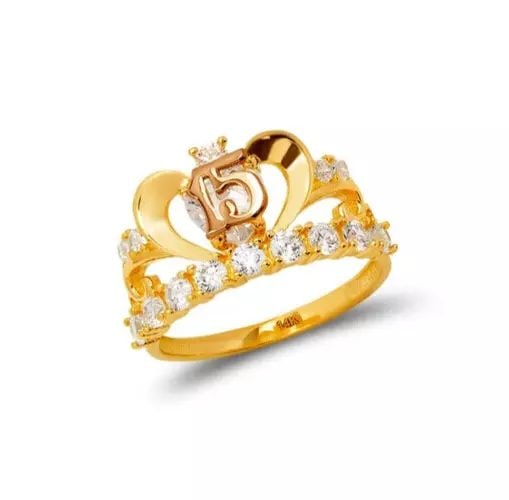 NEW 14K TWO TONE GOLD LADIES 15 ANOS TIARA CZ RING: NEW 14K TWO TONE GOLD LADIES 15 ANOS TIARA CZ RING 14K Two Tone Gold Approx. 11mm Center, 2.0mm Band High Polished/Cubic Zirconia Weight: 3.3 Grams