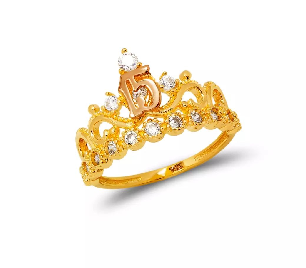 NEW 14K TWO TONE GOLD LADIES 15 ANOS TIARA CZ RING: NEW 14K TWO TONE GOLD LADIES 15 ANOS TIARA CZ RING 14K Two Tone Gold Approx. 13mm Center, 1.5mm Band High Polished/Cubic Zirconia Weight: 3.1 Grams