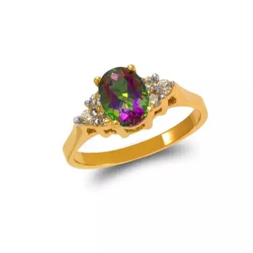 NEW 14K YELLOW GOLD LADIES MYSTIC CZ RING: NEW 14K YELLOW GOLD LADIES MYSTIC CZ RING 14K Yellow Gold Size 7 Approx. 8mm Stone, 2mm Center High Polished/Diamond Cut/Cubic Zirconia Weight: 3.5 Grams