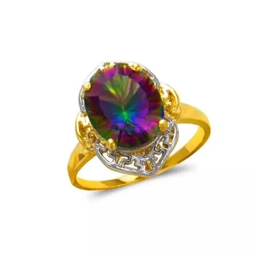 NEW 14K TWO TONE GOLD LADIES MYSTIC CZ RING: NEW 14K TWO TONE GOLD LADIES MYSTIC CZ RING 14K Two Tone Gold Size 7 Approx. 11mm Stone, 16mm Center High Polished/Cubic Zirconia Weight: 3.2 Grams