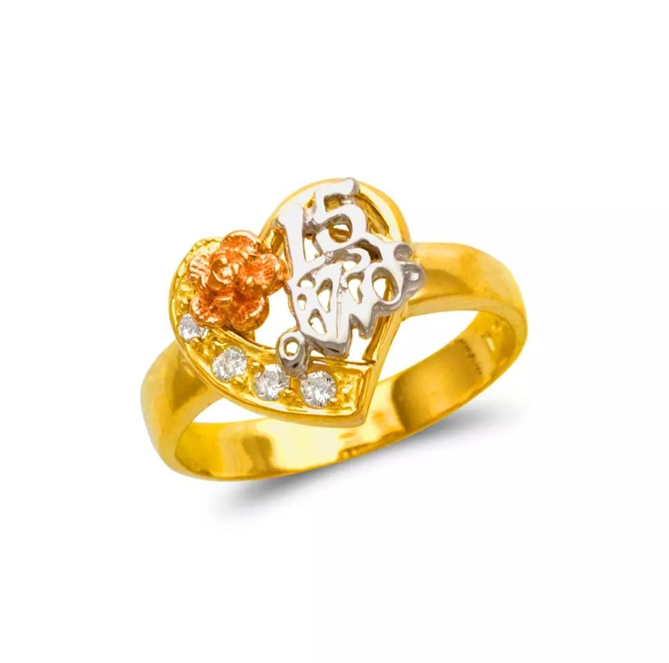 NEW 14K TRI COLOR GOLD LADIES 15 ANOS RING: NEW 14K TRI COLOR GOLD LADIES 15 ANOS RING 14K Tricolor Gold Size 7 Approx. 12mm Center High Polished/Cubic Zirconia Weight: 3.9 Grams