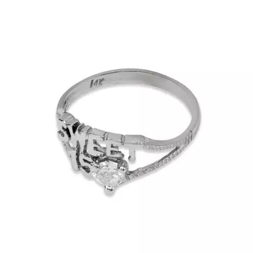NEW 14K WHITE GOLD LADIES SWEET 15 RING: NEW 14K WHITE GOLD LADIES SWEET 15 RING 14K WHITE Gold Size 7 Approx. 8mm Center High Polished/Cubic Zirconia Available in Yellow Gold Weight: 1.5 Grams