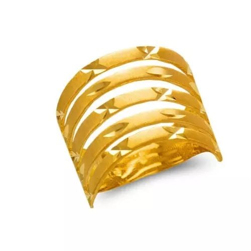 NEW 14K YELLOW GOLD LADIES 7 LAYER BAND RING: NEW 14K YELLOW GOLD LADIES 7 LAYER BAND RING 14K Yellow Gold Size7 Approx. 14mm High Polished/Satin Finished/Diamond Cut Available in Tricolor and White Gold Weight: 3.9 Grams