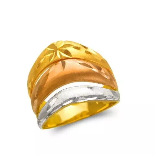 NEW 14K TRI COLOR GOLD LADIES 3 LAYER BAND RING: NEW 14K TRI COLOR GOLD LADIES 3 LAYER BAND RING 14K Tricolor Gold Size 7 Approx. 17mm High Polished/Satin Finished/Diamond Cut Available in Yellow Gold Weight: 6.6 Grams