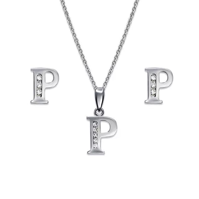 NEW 14K WHITE GOLD INITIAL " P " COLLECTION SET EARRINGS PENDANT: NEW 14K WHITE GOLD INITIAL " P " COLLECTION SET 14K White Gold Approx. Measurements: Earrings- 5x7mm, Pendant- 8x10mm High Polished/Cubic Zirconia Items in this Set: Earrings, Pendant Chains Sold Sepa