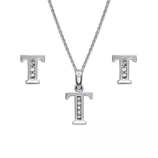 NEW 14K WHITE GOLD INITIAL "T" COLLECTION SET EARRINGS PENDANT (1 of 2)