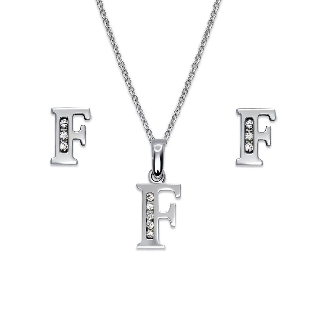 NEW 14K WHITE GOLD INITIAL " F " COLLECTION SET EARRINGS PENDANT: NEW 14K WHITE GOLD INITIAL " F " COLLECTION SET 14K White Gold Approx. Measurements: Earrings- 4.5x7mm, Pendant- 6x10mm High Polished/Cubic Zirconia Items in this Set: Earrings, Pendant Chains Sold Se