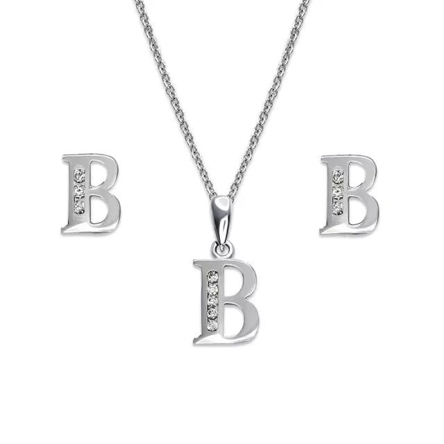 NEW 14K WHITE GOLD INITIAL " B " COLLECTION SET EARRINGS PENDANT: NEW 14K WHITE GOLD INITIAL " B " COLLECTION SET 14K White Gold Approx. Measurements: Earrings- 5x7mm, Pendant- 7x10mm High Polished/Cubic Zirconia Items in this Set: Earrings, Pendant Chains Sold Sepa