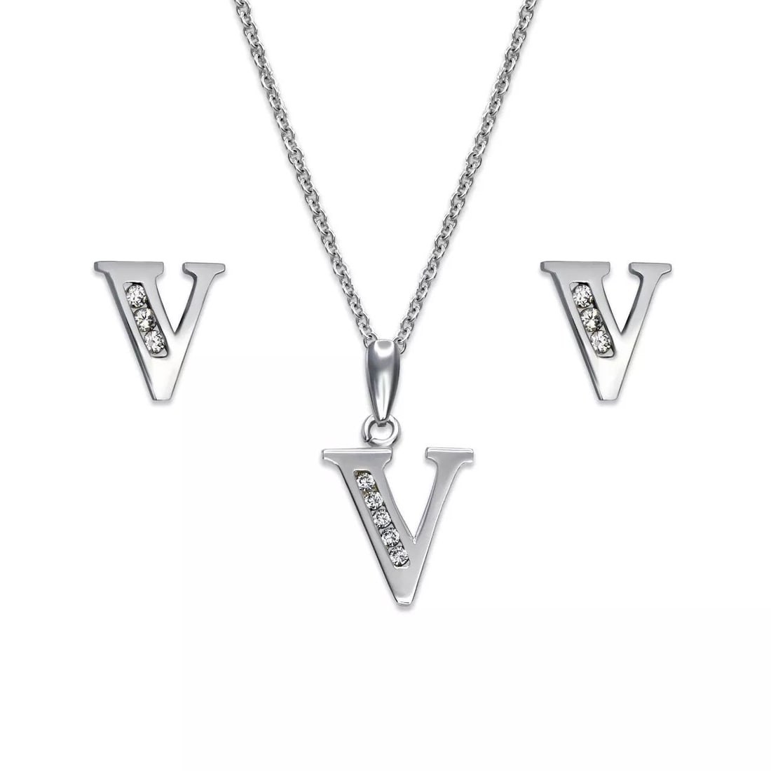 NEW 14K WHITE GOLD INITIAL " V " COLLECTION SET EARRINGS PENDANT: NEW 14K WHITE GOLD INITIAL " V " COLLECTION SET 14K White Gold Approx. Measurements: Earrings- 6.5x7mm, Pendant- 10x10mm High Polished/Cubic Zirconia Items in this Set: Earrings, Pendant Chains Sold S