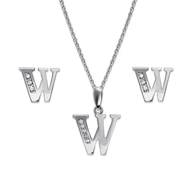 NEW 14K WHITE GOLD INITIAL " W " COLLECTION SET EARRINGS PENDANT: NEW 14K WHITE GOLD INITIAL " W " COLLECTION SET 14K White Gold Approx. Measurements: Earrings- 8x7mm, Pendant- 12x10mm High Polished/Cubic Zirconia Items in this Set: Earrings, Pendant Chains Sold Sep