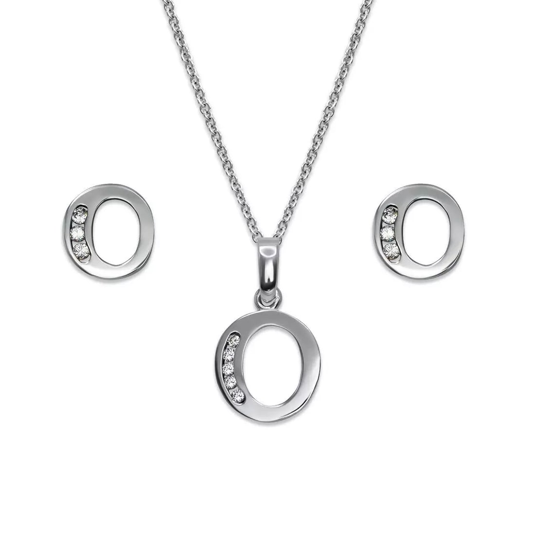 NEW 14K WHITE GOLD INITIAL " O " COLLECTION SET EARRINGS PENDANT: NEW 14K WHITE GOLD INITIAL " O " COLLECTION SET 14K White Gold Approx. Measurements: Earrings- 7x7mm, Pendant- 10x10mm High Polished/Cubic Zirconia Items in this Set: Earrings, Pendant Chains Sold Sep