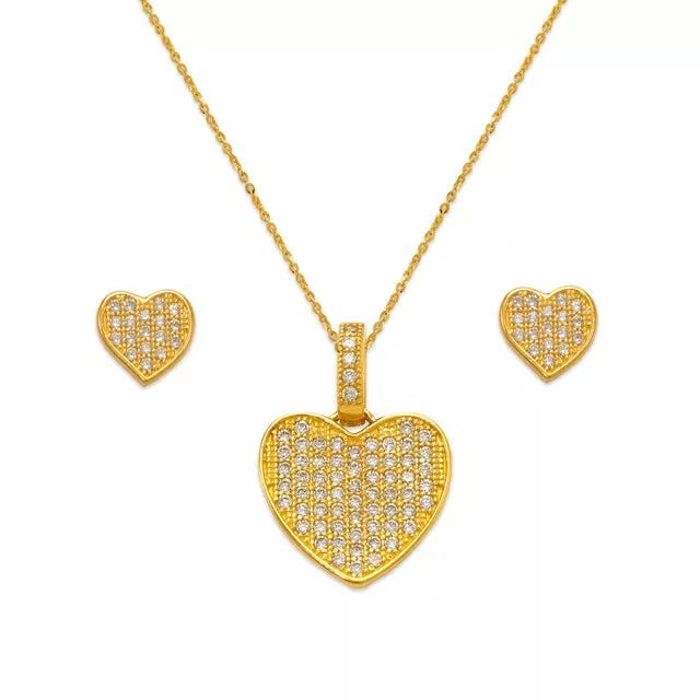 NEW 14K YELLOW GOLD FANCY FLAT HEART CZ SET EARRINGS PENDANT (1 of 2)
