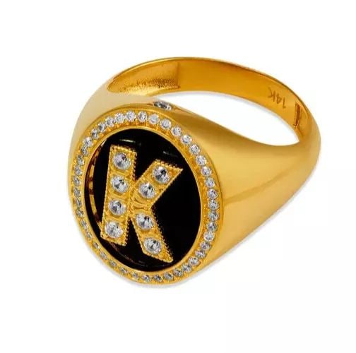 NEW 14K YELLOW GOLD MEN'S INITIAL K RING: NEW 14K YELLOW GOLD MEN'S INITIAL RING 14K Yellow Gold Approx. 20mm Center, 4mm Band High Polished/Cubic Zirconia Letters available from A-Z Weight: 7.8 Grams