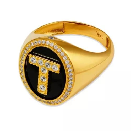 NEW 14K YELLOW GOLD MEN'S INITIAL T RING: NEW 14K YELLOW GOLD MEN'S INITIAL RING 14K Yellow Gold Approx. 20mm Center, 4mm Band High Polished/Cubic Zirconia Letters available from A-Z Weight: 7.5 Grams