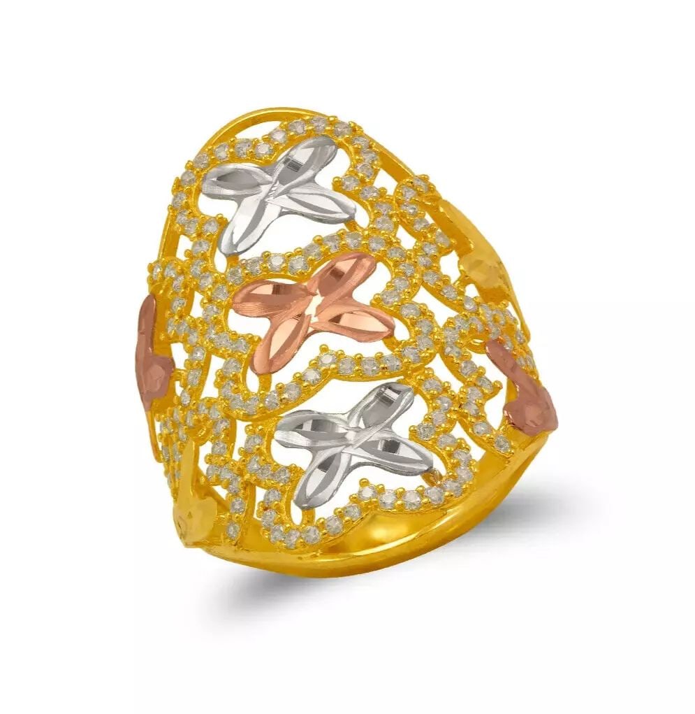 NEW 14K TRI COLOR GOLD MOSAIC CZ RING: NEW 14K TRI COLOR GOLD MOSAIC CZ RING 14K Tricolor Gold Approx. 22x32.5mm Center, 3mm Band High Polished/Diamond Cut/Cubic Zirconia Weight: 4.5 Grams