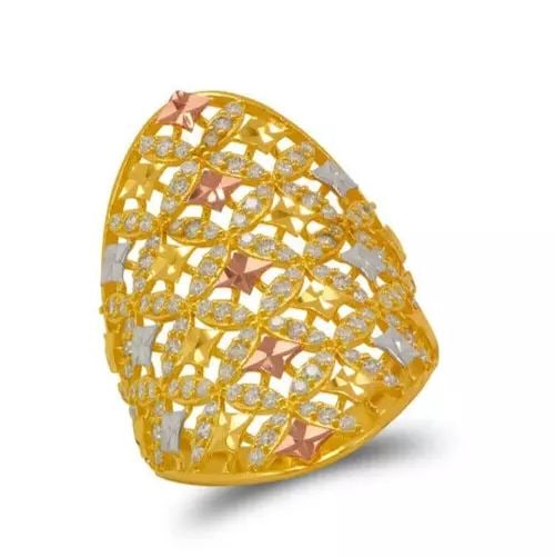 NEW 14K TRI COLOR GOLD LADIES CZ RING: NEW 14K TRI COLOR GOLD LADIES CZ RING 14K Tri color Gold Approx. 21x34mm Center, 3mm Band High Polished/Diamond Cut/Cubic Zirconia Weight: 5.1 Grams