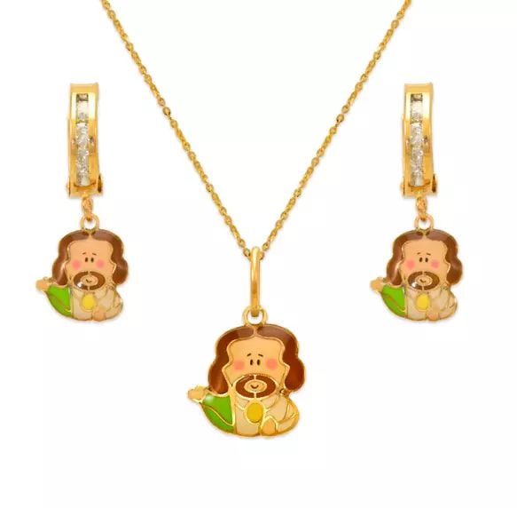 NEW 14K YELLOW GOLD JESUS ENAMEL SET: NEW 14K YELLOW GOLD JESUS ENAMEL SET 14K Yellow Gold Approx. Measurements: Earrings- 8x20mm, Pendant- 9x10mm Cubic Zirconia Enamel Finish Items in this Set: Earrings, Pendant Chains Sold Separately We