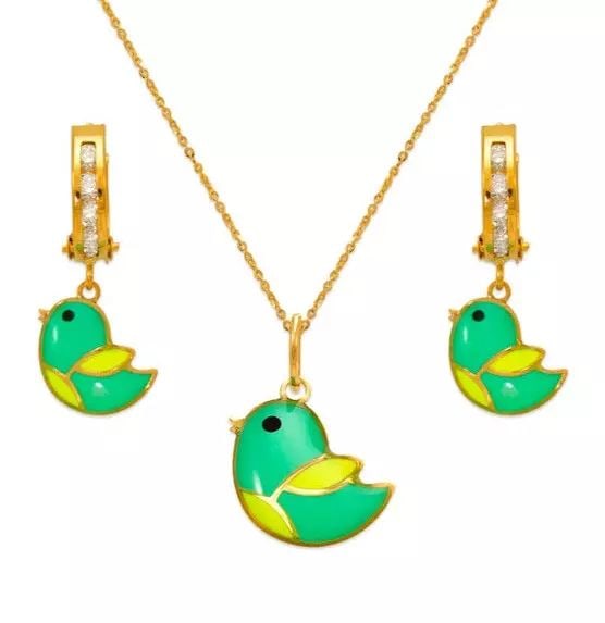NEW 14K YELLOW GOLD BIRDIE ENAMEL SET: NEW 14K YELLOW GOLD BIRDIE ENAMEL SET 14K Yellow Gold Approx. Measurements: Earrings- 8x20mm, Pendant- 11x10mm Cubic Zirconia Enamel Finish Items in this Set: Earrings, Pendant Chains Sold Separately