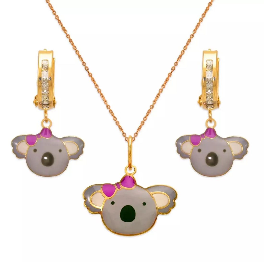 NEW 14K YELLOW GOLD KOALA ENAMEL SET: NEW 14K YELLOW GOLD KOALA ENAMEL SET 14K Yellow Gold Approx. Measurements: Earrings- 12x20mm, Pendant- 15x9mm Cubic Zirconia Enamel Finish Items in this Set: Earrings, Pendant Chains Sold Separately W