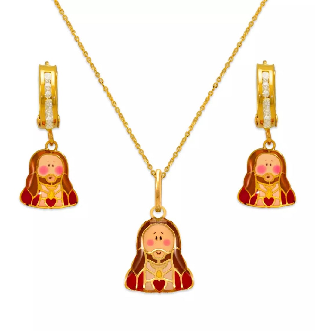 NEW 14K YELLOW GOLD SACRED HEART ENAMEL SET: NEW 14K YELLOW GOLD SACRED HEART ENAMEL SET 14K Yellow Gold Approx. Measurements: Earrings- 8x20mm, Pendant- 10x10mm Cubic Zirconia Enamel Finish Items in this Set: Earrings, Pendant Chains Sold Separ