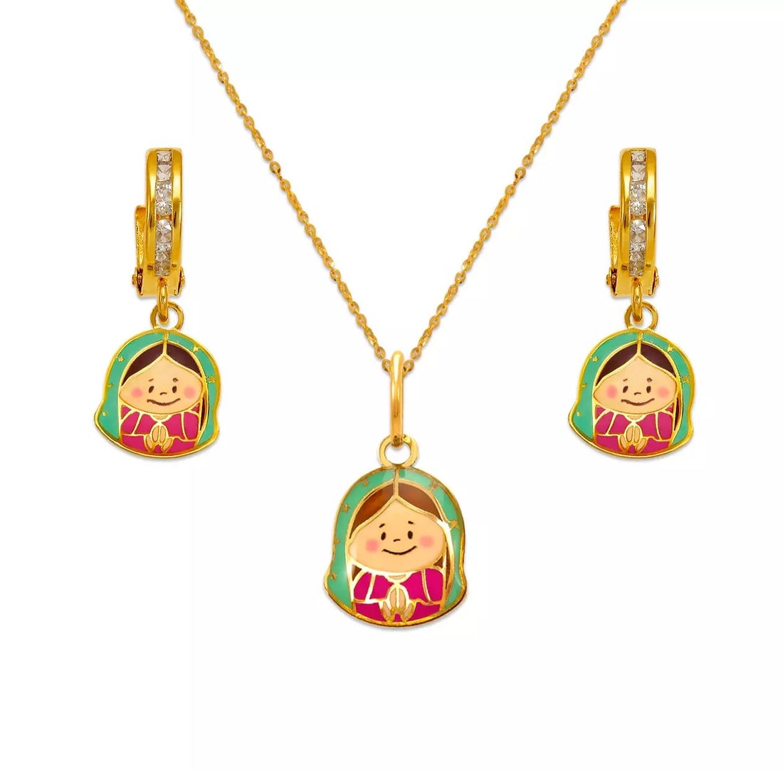 NEW 14K YELLOW GOLD VIRGIN MARY ENAMEL SET: NEW 14K YELLOW GOLD VIRGIN MARY ENAMEL SET 14K Yellow Gold Approx. Measurements: Earrings- 9x20mm, Pendant- 9x10mm Cubic Zirconia Enamel Finish Items in this Set: Earrings, Pendant Chains Sold Separat