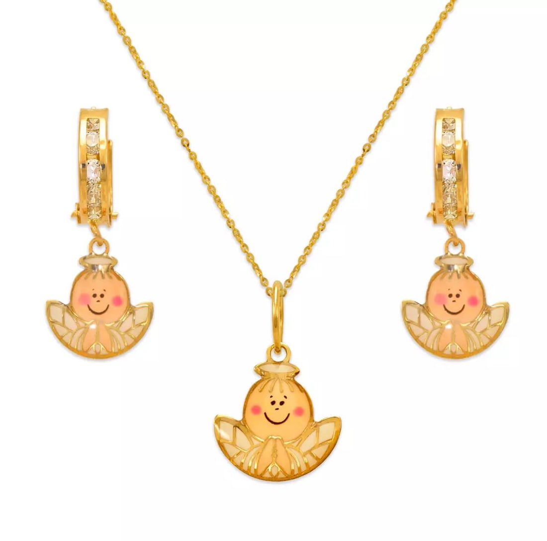 NEW 14K YELLOW GOLD ANGEL ENAMEL SET: NEW 14K YELLOW GOLD ANGEL ENAMEL SET 14K Yellow Gold Approx. Measurements: Earrings- 9x20mm, Pendant- 10x10mm Cubic Zirconia Enamel Finish Items in this Set: Earrings, Pendant Chains Sold Separately W
