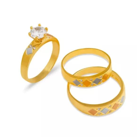 NEW 14K TRI COLOR GOLD WEDDING TRIO RING SET: NEW 14K TRI COLOR GOLD WEDDING TRIO RING SET 14K Tricolor Gold Ladies band and engagement ring is size 7 Men's ring is size 10 Rings Also Sold Separately Available in White Gold Weight: 6.8 Grams
